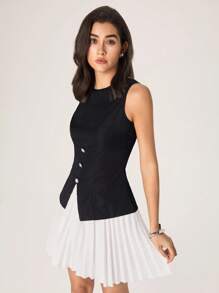 Modelyn 女士纯色纽扣设计褶皱下摆上衣和褶皱半裙时尚两件套，女士时尚优雅派对盛大晚宴闪耀秋季女装连衣裙，返校季服装，舒适柔软面料，送给妈妈的礼物，返校季贺卡黑白拼接休闲连衣裙两件套 - 黑色 - 查看 8