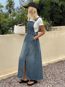 Livesso 女士休闲长款牛仔连衣裙，夏季长款连衣裙 - 藍色 - 查看 5