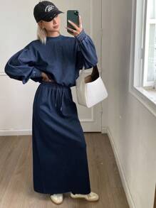 DAZY Bộ 2 món áo cánh rộng cổ tròn màu trơn và chân váy denim cho nữ, mùa thu - Rửa trung bình - Xem 4