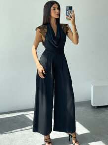Firerie Women's Black Summer Elegant Laced Night Out Jumpsuit,Patchwork Plunging Neck Cinched Waist Wide Leg Jumpsuit, Wedding Party Date Outfit - Black - View 8