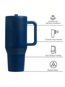 海军蓝 - 20/30/40盎司不锈钢保温杯，带手柄和可折叠吸管，双层真空隔热，冷热饮皆宜，简约旅行杯 - 藏蓝色 - 查看 7