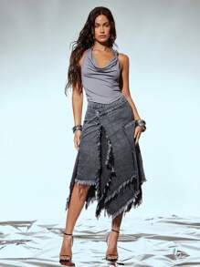 Denimoi 纯色垂坠领口 O 形环露背无袖上衣性感吊带背心露背上衣性感上衣 - 灰色 - 查看 3