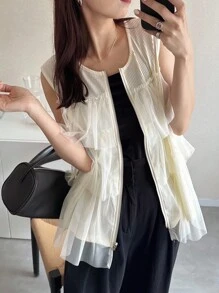 FRIFUL 女式拉链T恤，分层网眼褶皱设计，宽松休闲百搭夏季，适合音乐节 - 白色 - 查看 4