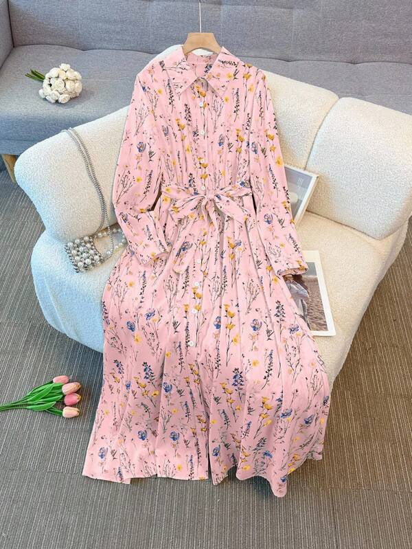 Franclia Women's Casual Collar Neck Simple Blue Floral Print Dress Maxi Women Outfit Autumn Dress Clothes For University Fall Cloth For Women