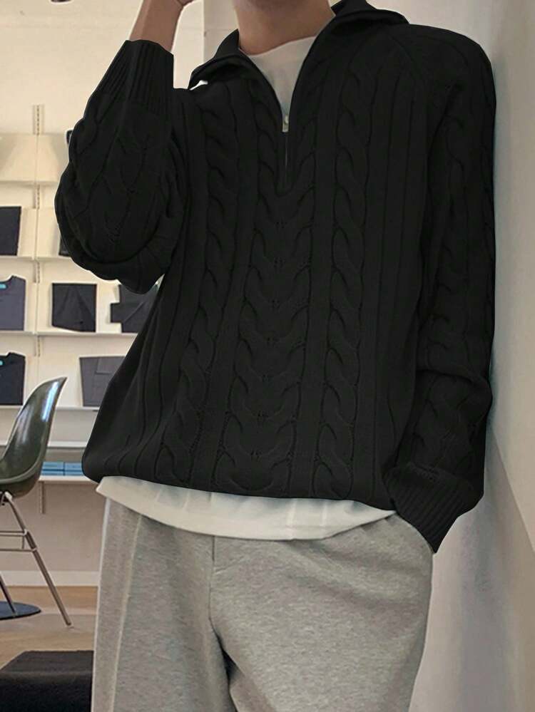 Men's Solid Color Textured Knit Half-Zip Sweater, Autumn