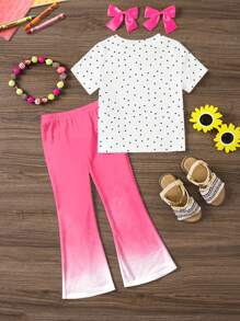 2pcs/Set Young Girl Casual Cartoon Pattern Round Neck Short Sleeve Top And Flare Pants Outfit, Suitable For Summer - Multicolor - View 2