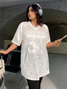SHEIN EZwear 大尺碼女款蕾絲數字休閒透視上衣 - 白色 - 查看 4