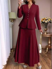 Auvina 两件套大码女式优雅休闲装，纯色衬衫配后领带和迷你裙，长袖