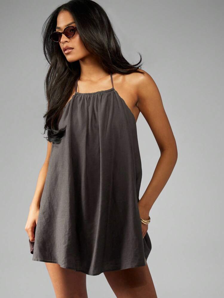 MISSGUIDED Lightweight Linen Halter Neck Romper Backless Summer Playsuit Beach Resort Vacation One Piece Loungewear Festival Outfit
