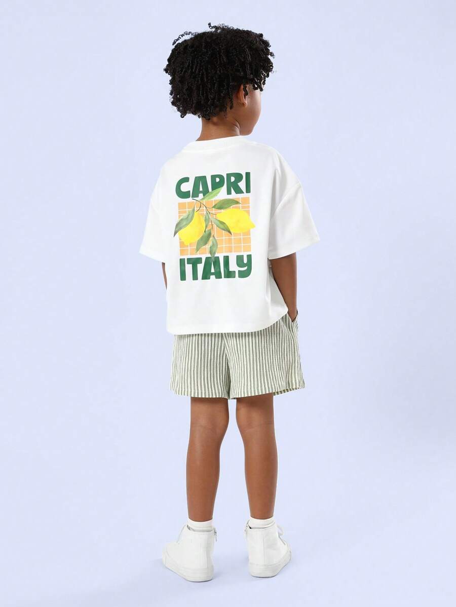 SUMWON Beach Vibes Vacation Club Italia Kids Summer T-Shirt With Capri Lemon Print Short Sleeve Streetwear - Green - View 1