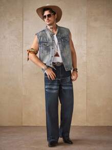 RivetRise Gilet di jeans casual con chiusura lampo, stile di strada, blu retrò, da uomo