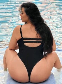 Slaysola Plus Size Solid Color Spaghetti Strap One-Piece Swimsuit, Vacation & Beach For Summer - Black - View 1