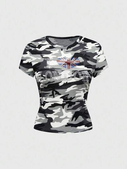 J-Fashion Camiseta ajustada de mujer con estampado de camuflaje de bandera y strass en estilo Y2K Baddie Abby