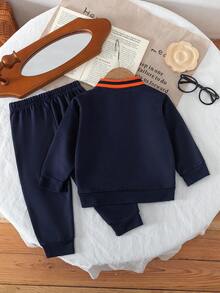 SHEIN Boys' Casual Navy Blue Polo Collar Long Sleeve Top + Matching Pants, Chest Graphic Design, Contrast Collar, Suitable For Daily Wear, Summer Back To School Season - Royal Blue - View 2