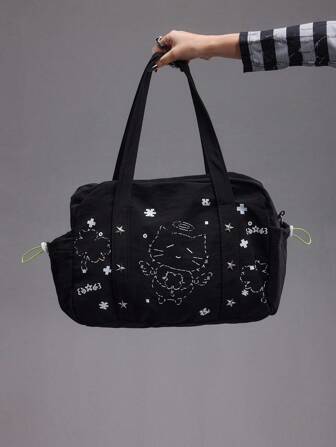 Anime Black Rivet Lucky Cat Print Shoulder Bag, Gym Bag, Large Capacity Fashion Versatile 2-In-1 Tote Bag, Suitable For Travel, Party, Photography