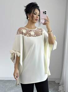 Selianne Blusa elegante francese a mantella con collo rotondo con spacchi e fiocco, in rete 3D floreale semi-trasparente, di colore albicocca, ampia e lusinghiera - Albicocca - Visualizzare 6