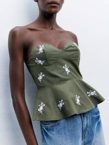 Maija 女士荷叶边印花抹胸上衣，都市通勤商务休闲上衣，办公室穿着，教师必备，秋冬季基础款外套 - 軍綠色 - 查看 9