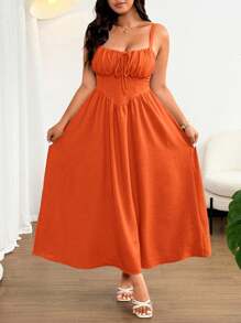 Flirla 大码女式优雅纯色前系带蝴蝶结细肩带超长沙滩裙，适合海滩、度假、派对、约会、音乐节、春夏季，百搭设计 - 橘色 - 查看 7