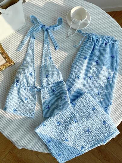 Comfortcana 2-Piece Set: Bow Blue Linen Deep V Halter Cropped Top And Low Waist Drawstring Loose Wide Leg Pants, Casual Sexy Elegant Beach Resort Wear For Women, Summer