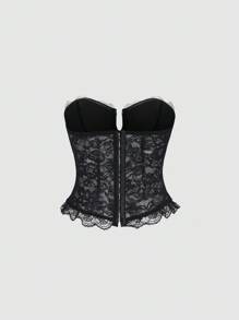 Glamine Sexy Romantic 3D Floral Contrast Color Lace Patchwork Boned Bustier Top For Women - Black - View 7