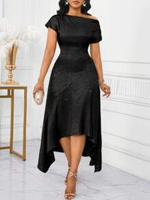 SHEIN Lady Vestido midi de mujer con cuello en ángulo de tela dorada - Vestido elegante para graduación / Vestido de invitada de boda / Vestidos de mujer para cumpleaños y eventos / Vestidos de oficina / Vestidos de iglesia / Vestidos de boda / Vestidos de vacaciones - Negro - Ver 1