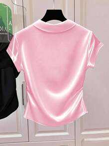 Franclia 女士休闲纯色缎面亮面T恤衫，适合大学穿着 - 粉色 - 查看 2