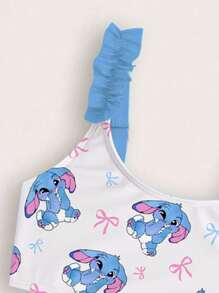 SHEIN GraphicGems Young Girl Summer Beach Vacation Style Cute Cartoon Rabbit & Bow Print Contrast Frill Trim Bikini Set Set Animal Print Dress Halloween Costumes School Clothes School Clothes Back To School Clothes Puppy Keep Puppy Graphic Tees