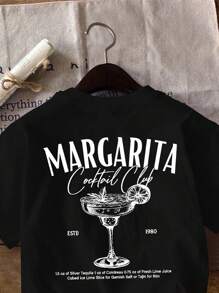 Attitoon Áo thun nữ tay ngắn cổ tròn dáng rộng họa tiết ly cocktail, phù hợp cho mùa hè - màu đen - Xem 6