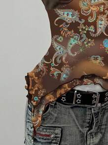 SHEIN EZwear 女士复古佩斯利印花拼布露背吊带上衣 - 棕色 - 查看 4