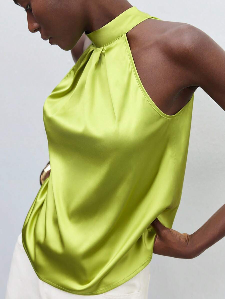 Maija Women's Lace-Up Satin Halter Neck Loose Shoulder Blouse Shirt, Dignified & Elegant Office Casual Wear - Olive Green - View 1