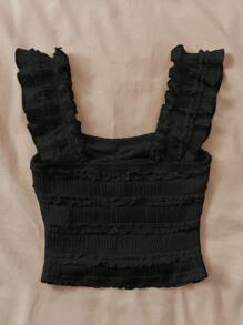 SHEIN 少女夏季黑色蕾丝衬衫，荷叶袖，修身质感度假蕾丝上衣，适合下午茶、海滩度假等场合。黑色荷叶边上衣，黑色上衣，少女可爱黑色上衣，黑色女童上衣