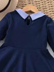 Elladie kids 女童休闲黑色撞色领腰针织连衣裙 - 藍色 - 查看 5