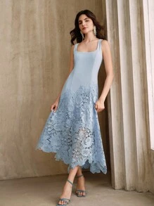 Anewsta Váy ôm sát không tay khoét eo ren mới mùa hè, màu vàng bướm - Màu xanh lam - Xem 5