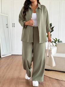 SHEIN Frenchy Conjunto de 2 peças plus size feminino com estampa de listras azuis e brancas, solto e casual - Verde - Ver 2