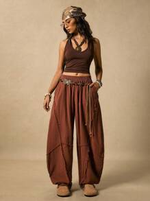 Easelle Vintage Western Boho Casual Retro Brown Curved Blade Design Women's Pants Edge Cutting Design  Fall Women Winter Clothes - Coffee Brown - View 5