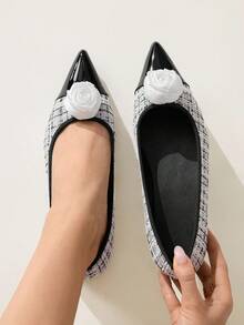 CUCCOO CHICEST Women's Flat Slip-On Shoes, Pointed Toe, Multi-Color Pearl Rose Flower Design, Elegant Outdoor Flats - Black and White - View 3