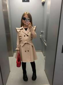 SHEIN Tween Girl Double Breasted Ruffle Trim Flare Sleeve Belted Trench Coat,In Fall/Winter