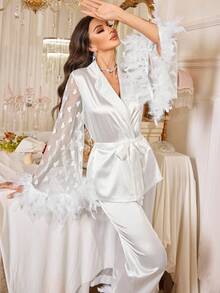 Slumberist 女士白色奢华睡衣套装：超大袖子拼接毛边，心形蕾丝袖，毛边下摆，两件套睡衣，适合居家穿着或外穿，新娘晨袍套装，羽毛晨袍，冬季服装 - 白色 - 查看 3