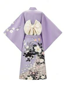 Irokai 日本女士传统印花和服浴衣两件套，夏季节日 - 紫色 - 查看 2