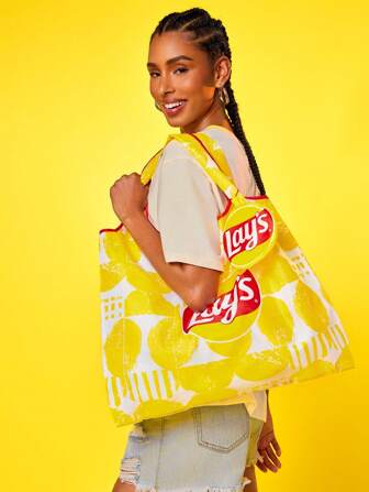 Lay's X SHEIN ロゴ印刷 折りたたみ式ショッピングバッグ 1個入り、小さな収納ポーチ付き、真珠チェーン付きで他のバッグにひっかけられる、通勤、ショッピング、旅行に適し、男女兼用、軽量でポータブル