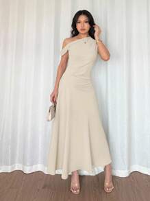 Elenzga 女士节日夏装、毕业典礼、独立日、约会、度假、波西米亚风优雅法式可爱绿色马卡龙色不对称领口荷叶边细节收腰 A 字形连衣裙 - 杏色 - 查看 6