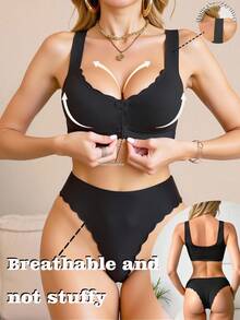 SHEIN 2pcs Women Solid Color Arched Front Closure Bra Set - Black - View 3