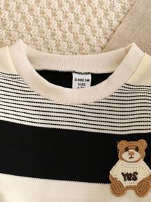 SHEIN Playful Pals 男婴撞色条纹小熊刺绣卫衣裤套装 男婴两件套 男婴休闲套装 男婴秋冬服装 - 黑色 - 查看 4