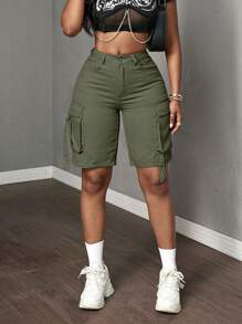 SHEIN SXY Short bermuda décontracté en jean de couleur café pour femmes grandes tailles, avec plusieurs poches