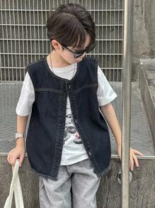 Dazy Kids Chaleco sin mangas de mezclilla para niño preadolescente, otoño - Azul lavado oscuro - Ver 9