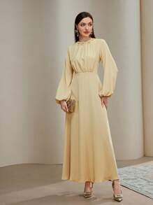 Veilorie Women's Elegant 3D Floral Decor Lantern Sleeve Dress   National Day  Modest Dresses For Women  Wedding Guest Dress Elegant   Fall Clothes For Women - Yellow - View 3