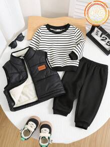 SHEIN 3 件套男婴/女婴秋冬可爱休闲厚垫背心夹克、黑白条纹连帽衫、黑色慢跑裤运动服、男女通用婴儿服装、婴儿冬装