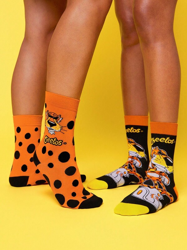 Cheetos X SHEIN 2 Pairs Soft & Breathable Moisture-Wicking Casual Women Crew Socks Fashionable Spots Black Crew Socks Reinforced Toe & Heel For Durability Unisex Men All Season All-Match Summer Winter