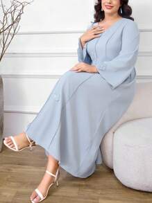 Al Najma Plus Size Women's Solid Color V-Neck Applique Elegant Long Sleeve Arabic Maxi Dress - Green - View 6