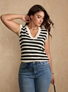 Flirla Áo vest dệt kim kẻ sọc kiểu Pháp cỡ lớn cho nữ, áo ba lỗ chui đầu không tay mới, trang phục đi làm thường ngày đa năng, phong cách sang trọng - Nhiều màu - Xem 6